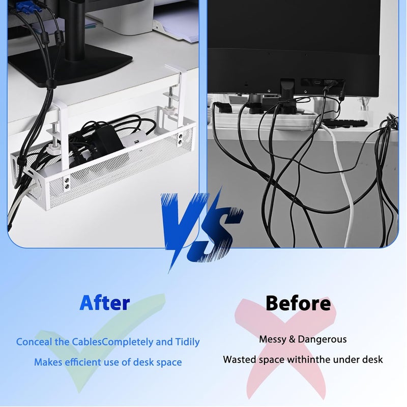 QUELIEN Under Desk Cable Management Tray Small – Clamp-Mounted Wire Organizer & Cord Management Under Desk Holder, No-Drill Metal Cable Tray for Home Office (White) - Image 5